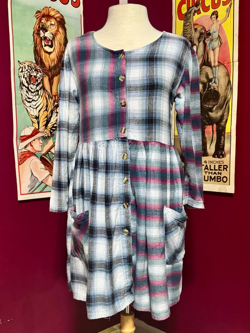 Vintage Grunge 90s Adonis 100% Cotton Plaid Button Up Long Sleeve Babydoll Dress